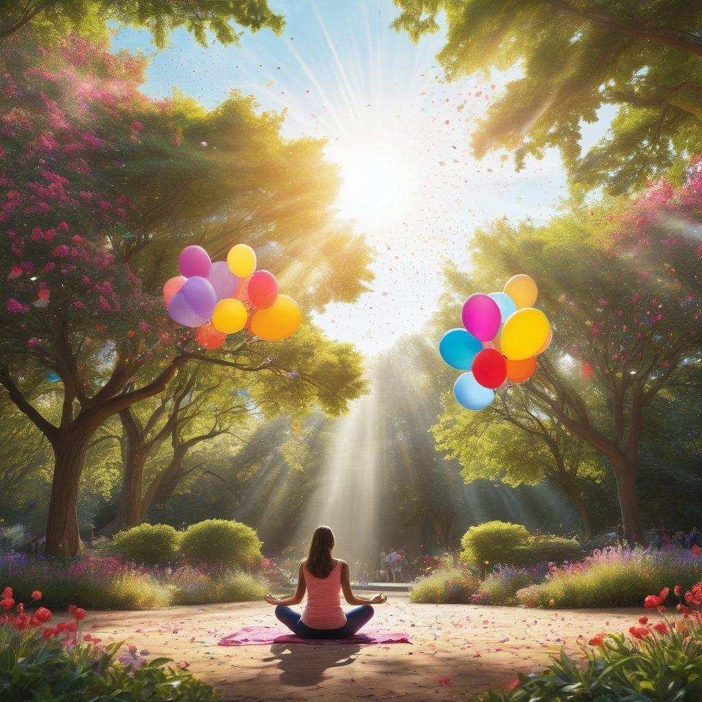 A split-image design showcasing two contrasting scenes: on the left, a serene landscape of a person joyfully meditating in a blooming garden, with rays of sunlight filtering through the trees; on the right, a vibrant celebration with people dancing, balloons, and confetti in a lively urban setting, capturing the essence of joy and delight. bright colors, whimsical art style.