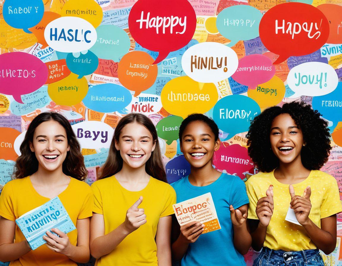 A vibrant collage of diverse language tools, including colorful dictionaries, captivating flashcards, and playful word games, all radiating an aura of joy. In the background, whimsical speech bubbles filled with happy expressions and positive words float around. Incorporate a sunny atmosphere with bright colors to evoke feelings of happiness and creativity. The overall composition invites viewers to explore the joy of language learning. super-realistic. vibrant colors. whimsical art.