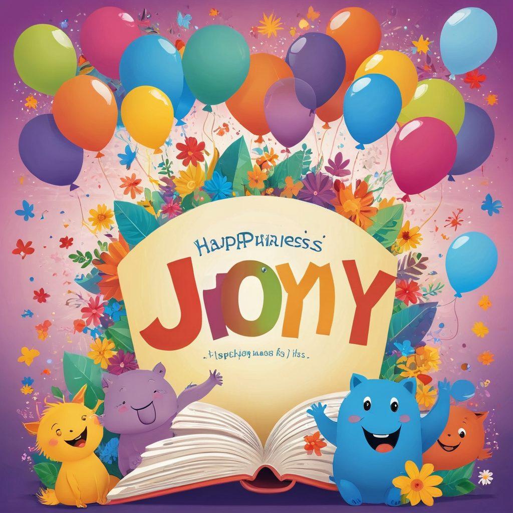 A colorful, whimsical illustration depicting a large, open thesaurus overflowing with words like 'joy', 'happiness', and 'euphoria', surrounded by cheerful characters expressing various positive emotions. Include light rays, whimsical flowers, and vibrant balloons to enhance the uplifting feeling. The background should be bright and inviting. vector art. vibrant colors.